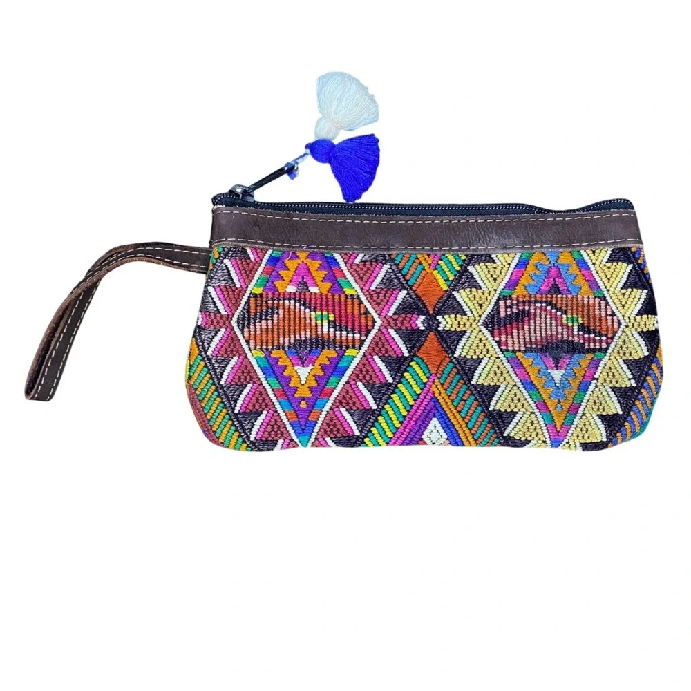 Nena & Co Huipil Geometric Woven Wristlet Pouch Leather Trim Tassels Multicolor